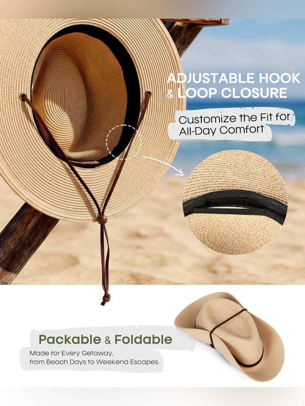 Wide Brim Tan Sun Hat with Chin Strap - Women - Picture 3 of 10